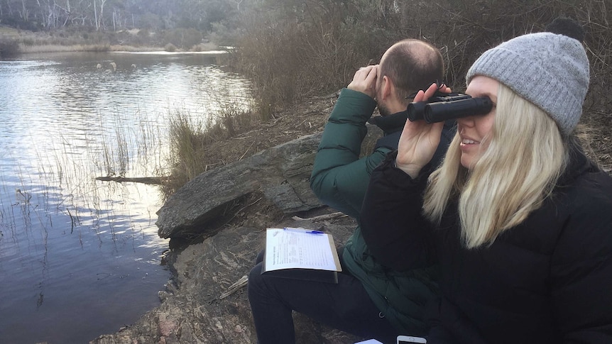 A man and woman sitting on a river bank looking through binoculars