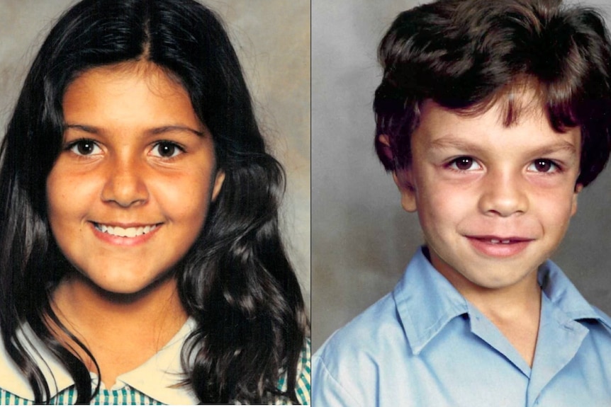 Two school-photo style headshot of a girl and a boy in uniform.
