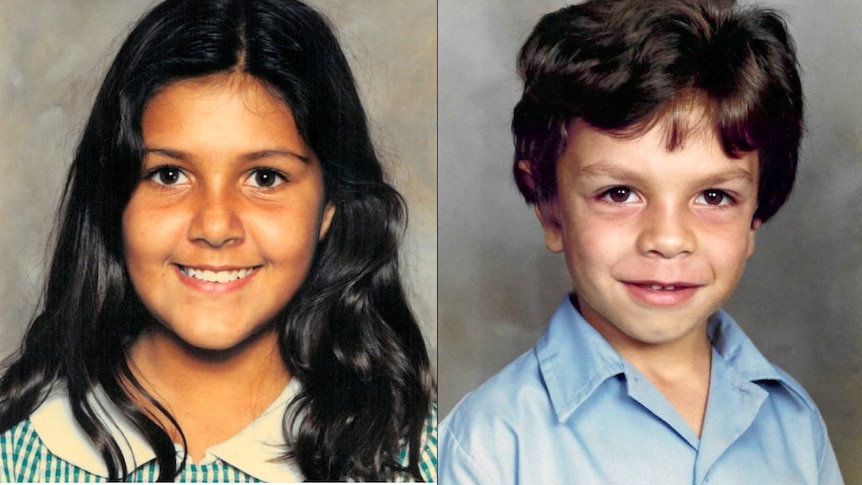 Two school-photo style headshot of a girl and a boy in uniform.