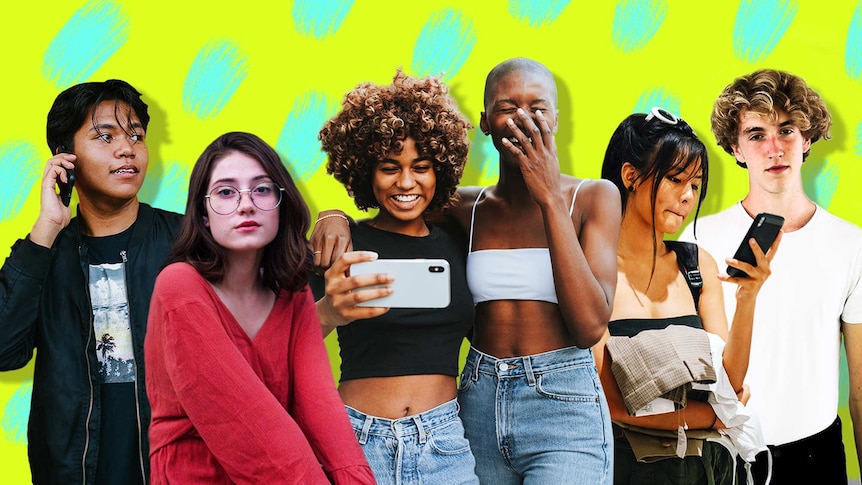 A collage showing six different teenagers either using their phones or posing for the camera for a story about parenting teens.