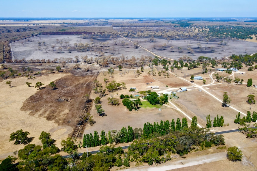 A drone shot of a farming property bordered by burnt trees, a green patch in the middle with a few buildings on it.