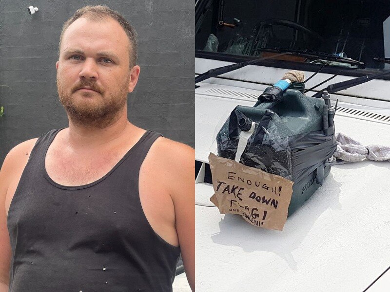 a composite image of theo who live in botany and a fake bomb that was left on his car