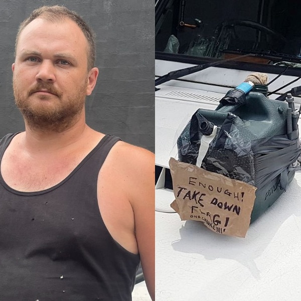 a composite image of theo who live in botany and a fake bomb that was left on his car