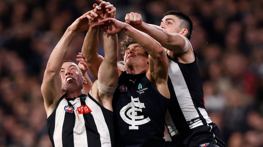 Collingwood and Carlton players compete in a pack for a mark