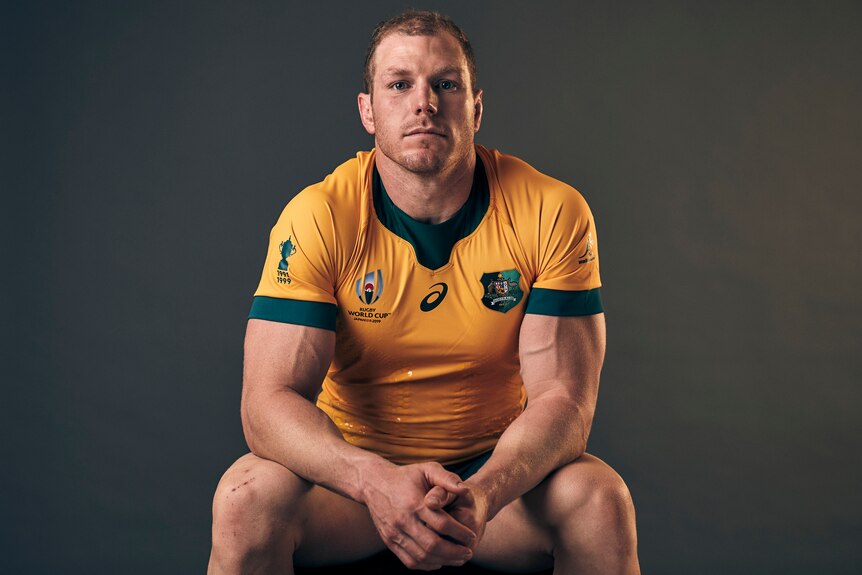 Portrait of David Pocock in Wallabies uniform, front on to camera in a portrait