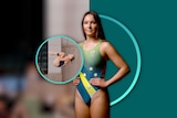 An Australian diver posing in her swimsuit, with an inset image of her performing a dive.