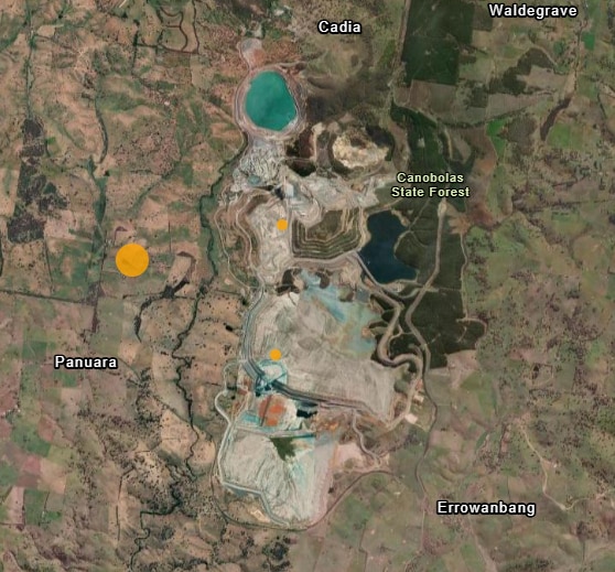 Satellite map image with yellow dots of earthquake locations..