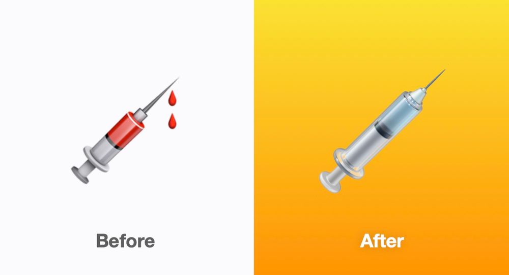 A syringe emoji with blood in it and one with a blue-grey liquid in it. 