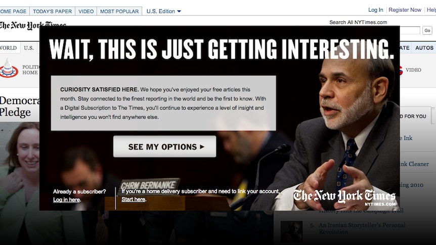 A pop-up promoting a subscription to the New York Times after a user reaches the free article limit.