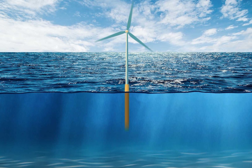 Collage of ocean, sky and illustration of monopile wind turbine floating to surface.