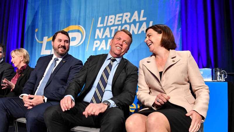 Mr Powell, Mr Emerson and Ms Frecklington on stage at the LNP convention.