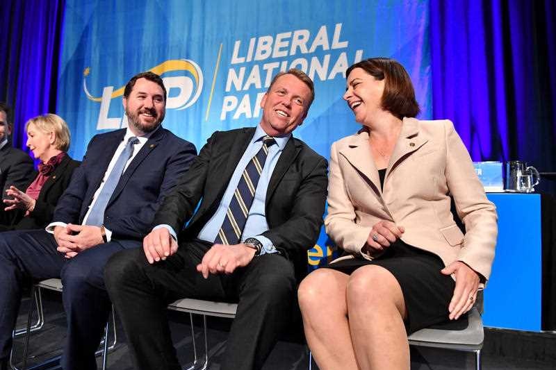 Mr Powell, Mr Emerson and Ms Frecklington on stage at the LNP convention.