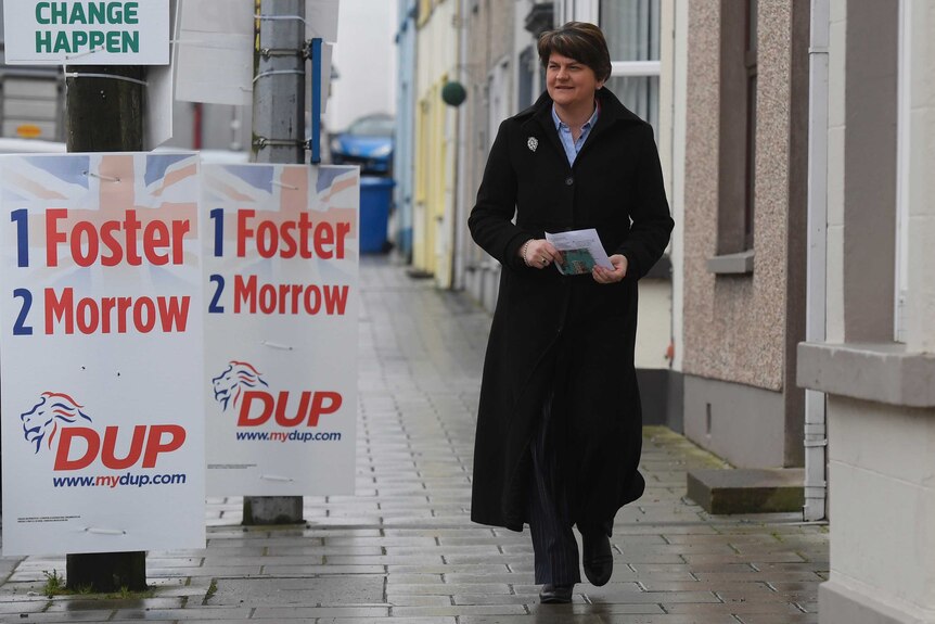 Arlene Foster on her way to a polling station during the Northern Ireland Assembly elections in early March.