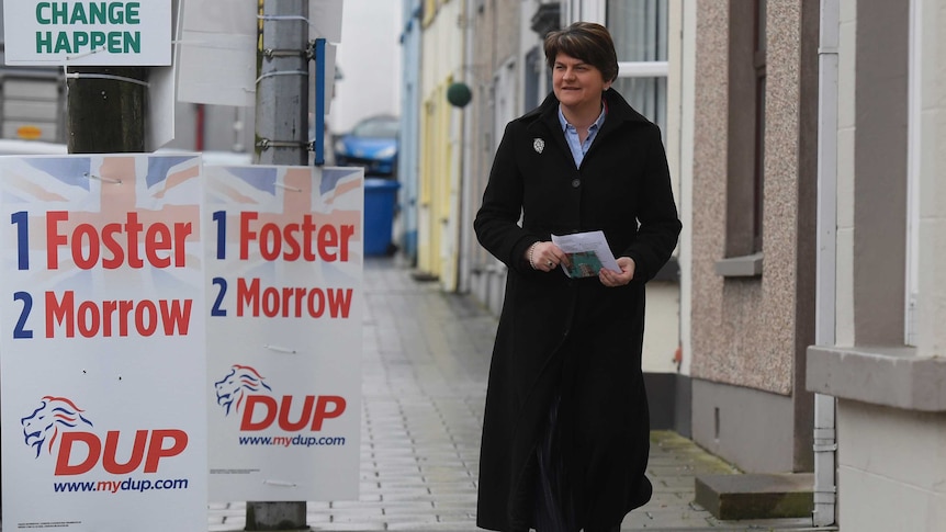 Arlene Foster on her way to a polling station during the Northern Ireland Assembly elections in early March.
