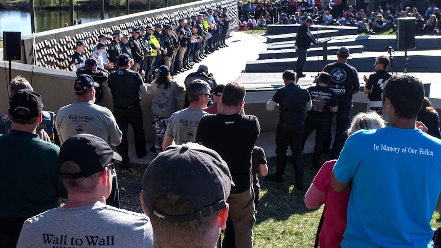 Motorcyclists gather at the Police Memorial in Canberra as part of the annual Wall to Wall Ride.