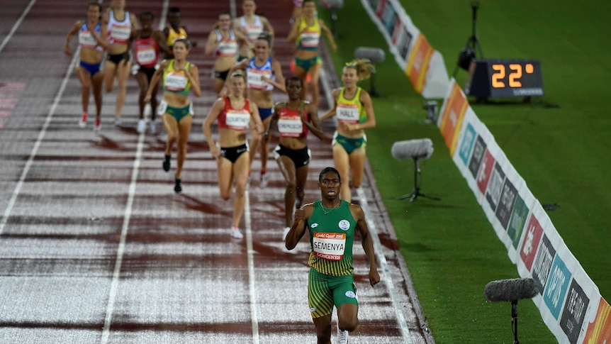 South African runner Caster Semenya finishes well ahead in the field in the 1500m