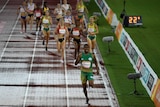 South African runner Caster Semenya finishes well ahead in the field in the 1500m