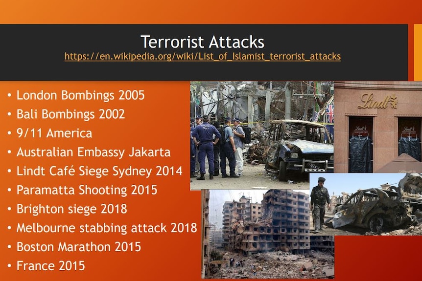 A PowerPoint slide headed "Terrorist Attacks" cites Wikipedia as its source for a list of attacks solely in Western countries.