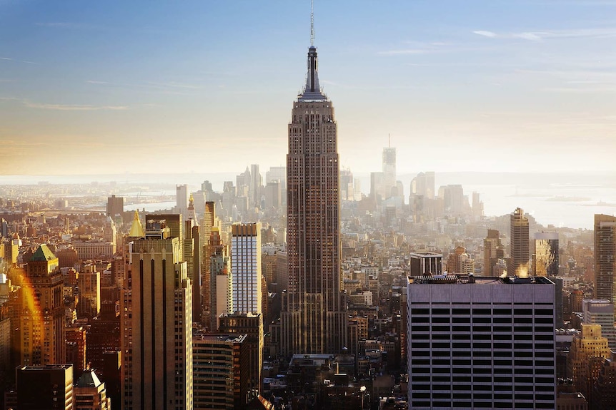 De grands bâtiments se pressent dans une ligne d'horizon animée, avec l'emblématique Empire State Building les éclipsant tous dans le cadre central.