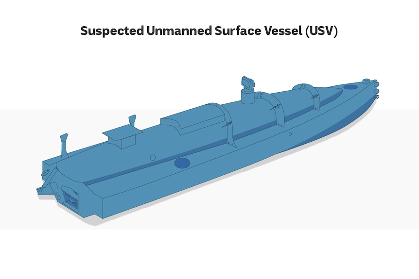 A graphic showing a small kayak-shaped boat suspected of being an unmanned surface vessel.