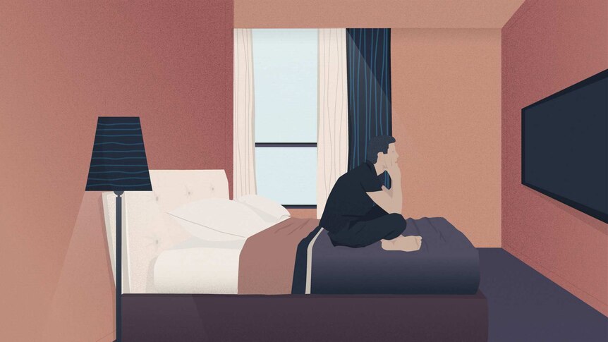 Illustration of a man sitting on a hotel bed watching TV.