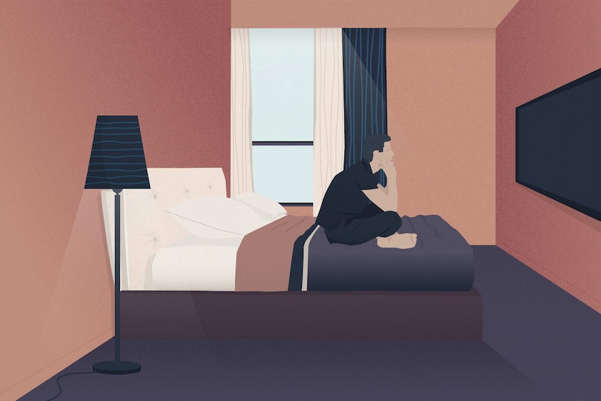 Illustration of a man sitting on a hotel bed watching TV.