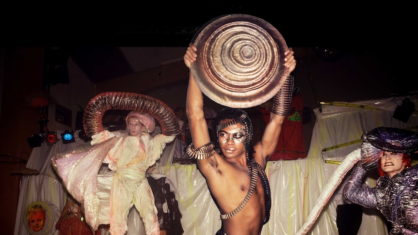 Young men in drag performing in the 80s