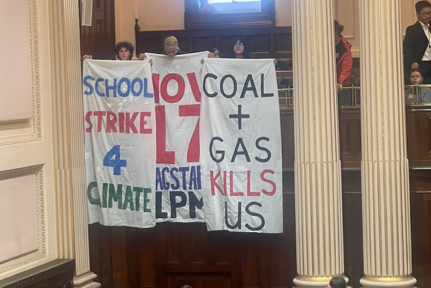 Three banenrs hanging over a railing in Parliament saying school strike for climate