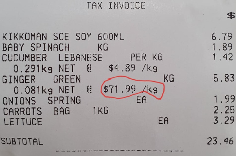 A receipt showing the price of ginger at $71.99/kg.