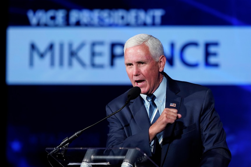 Close up of Pence speaking on stage. 