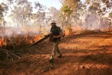 A firefighter on the frontlines of a masive bushfire on the Gibb River Road.