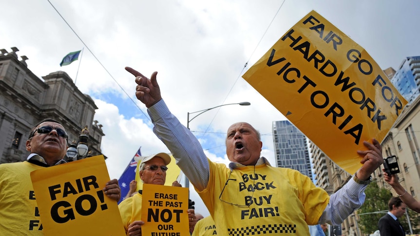 Taxi drivers protest outside Parliament house in Melbourne over Government deregulation plans for the Taxi industry.