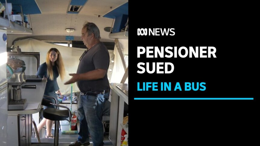 Pensioner Sued, Life in a Bus: A man and a reporter in a bus modified to become living quarters.