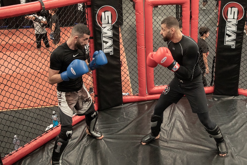 Two men fight in a mixed martial arts cage at a gym.