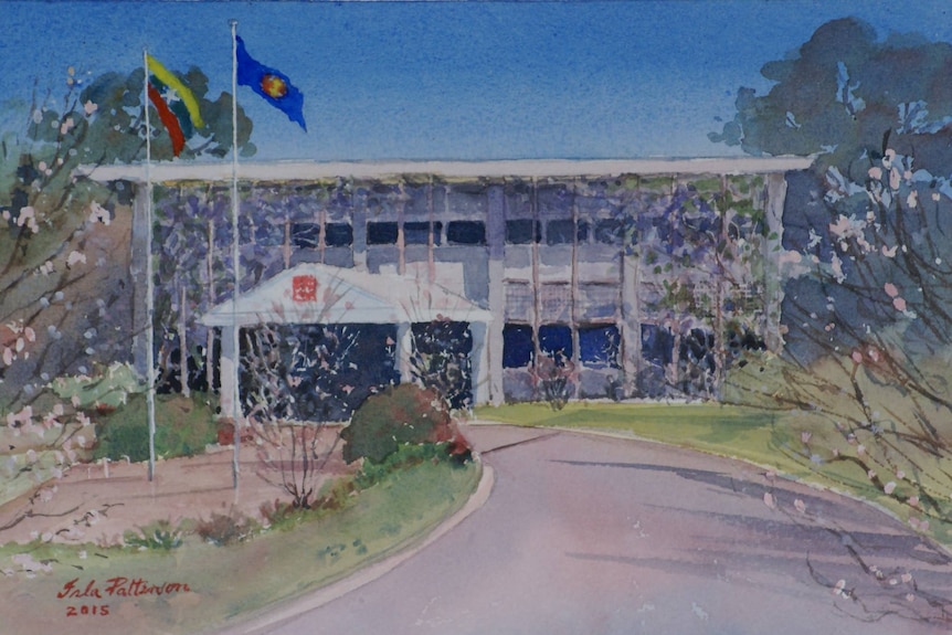A painting depicts the Myanmar Embassy in Canberra flying Myanmar and ASEAN flags