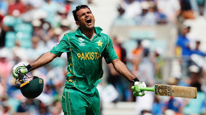 Pakistan's Fakhar Zaman celebrates century against India in Champions Trophy final