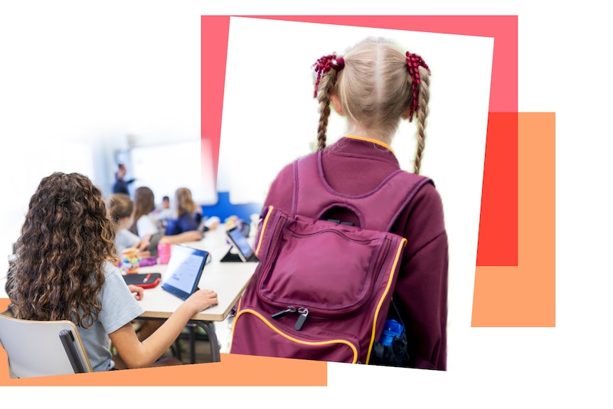 Image of children in a classroom beside a girl with a backpack on orange squares