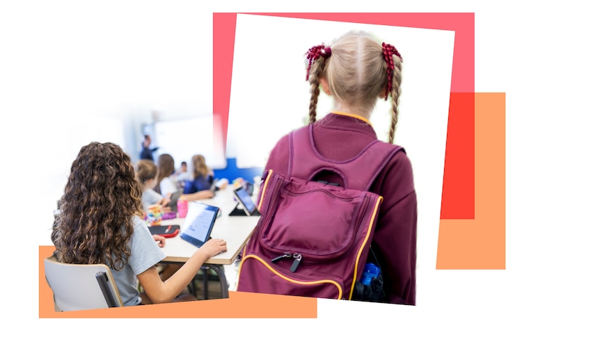 Image of children in a classroom beside a girl with a backpack on orange squares