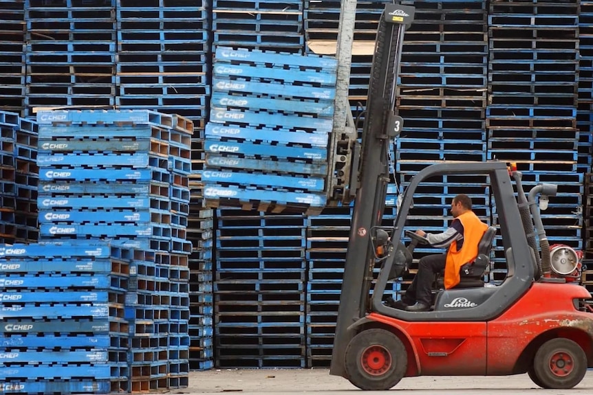 Timber pallets being stacked