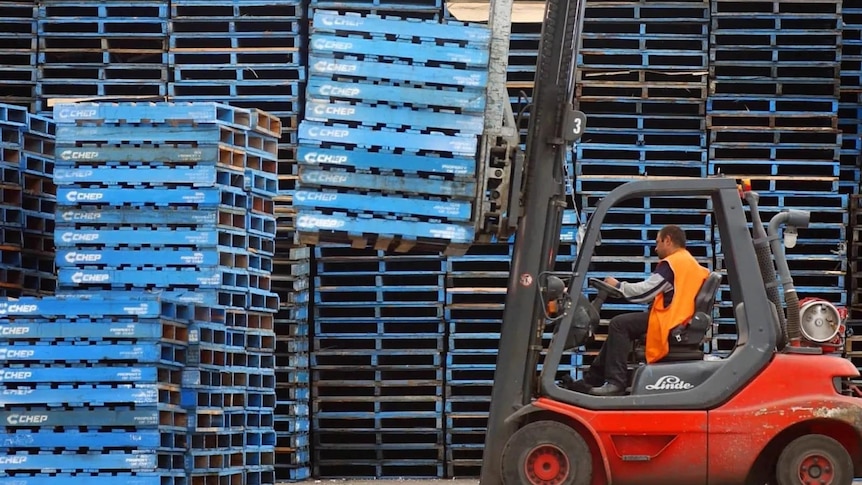 Timber pallets being stacked
