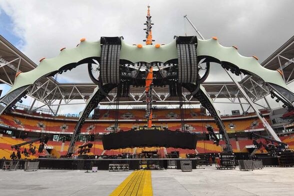 The stage for U2's 360 Degrees concerts fills Brisbane's Lang Park stadium (ABC News: Nic MacBean)