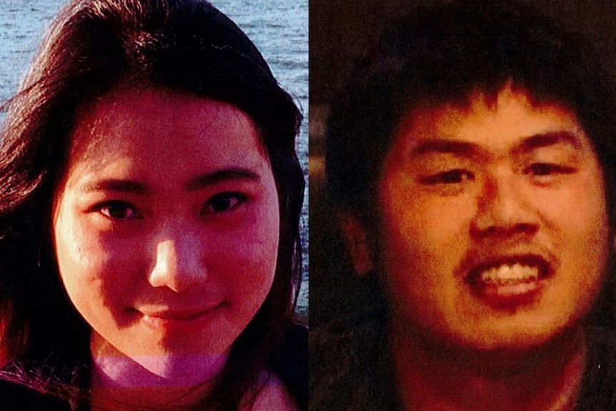 A composite image of the faces of an Asian woman and man.