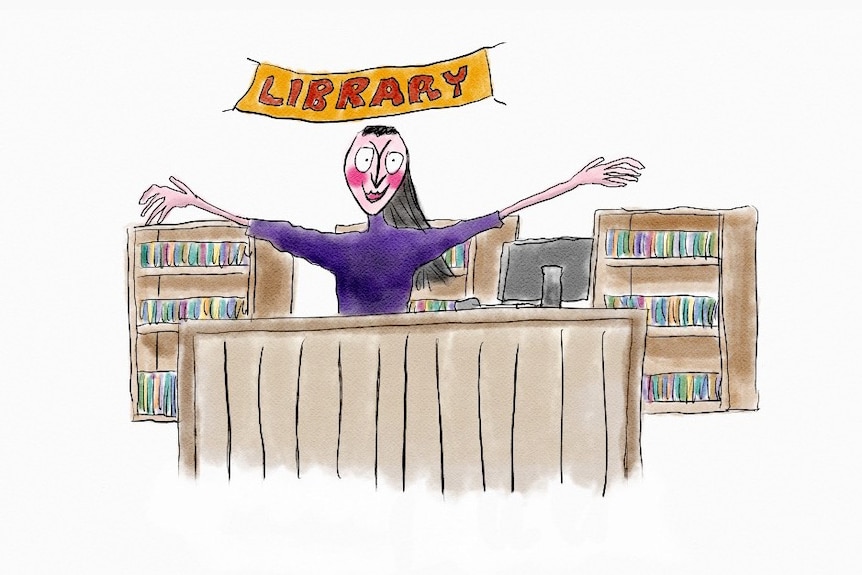 An illustration of a woman standing in a library.