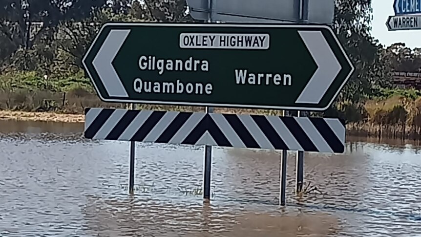 A green street sign impacted by floodwater