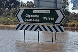 A green street sign impacted by floodwater