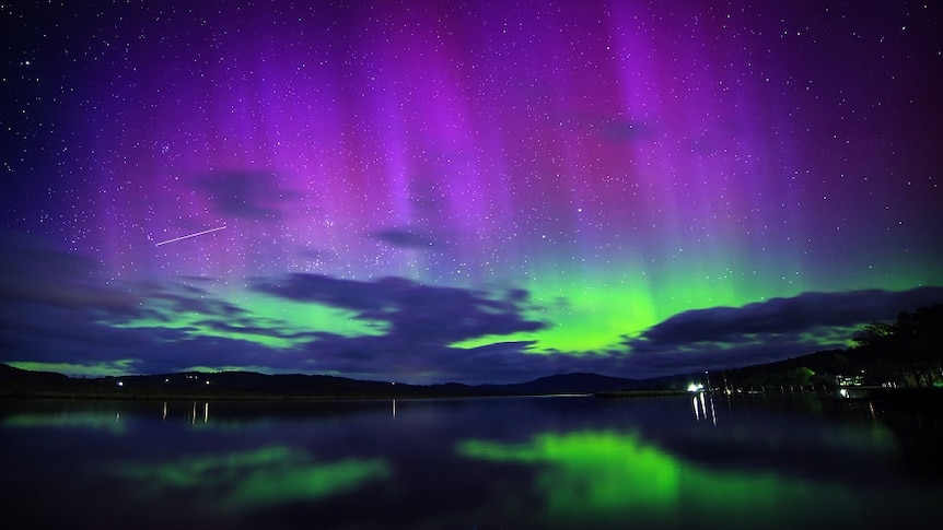 A purple and green aurora seen from Mount Nelson, Tasmania