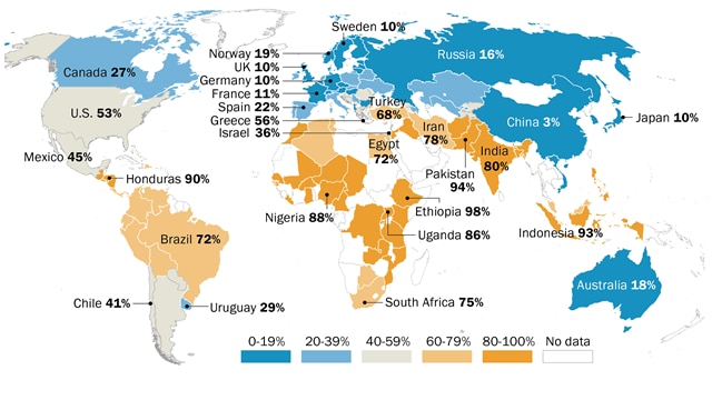 A map of people in each country who say religion is very important in their lives.