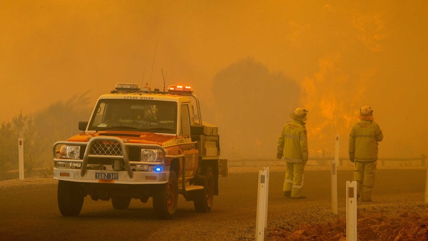 Two firefighters near a four-wheel drive emergency services vehicle look on as a bushfire rages near a road.