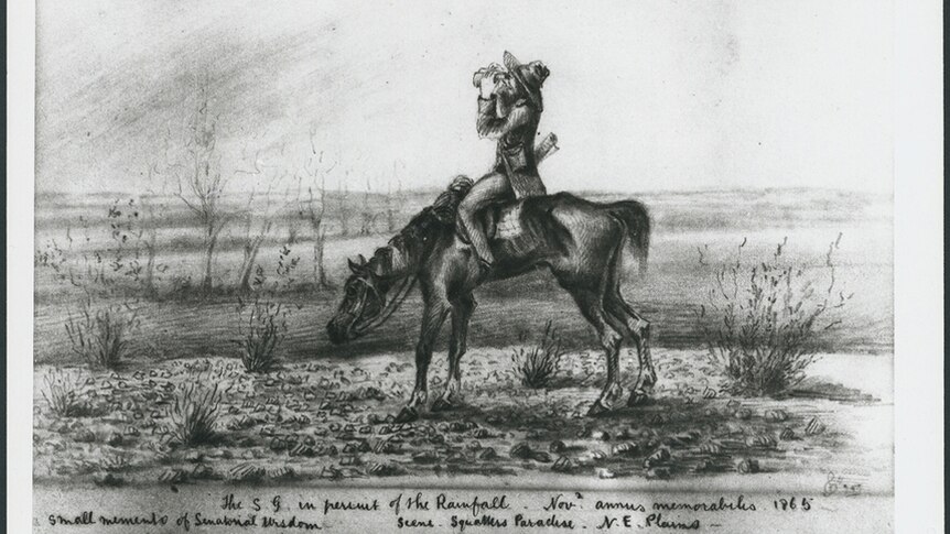 A cartoon of a man riding a horse looking at the horizon through binoculars.