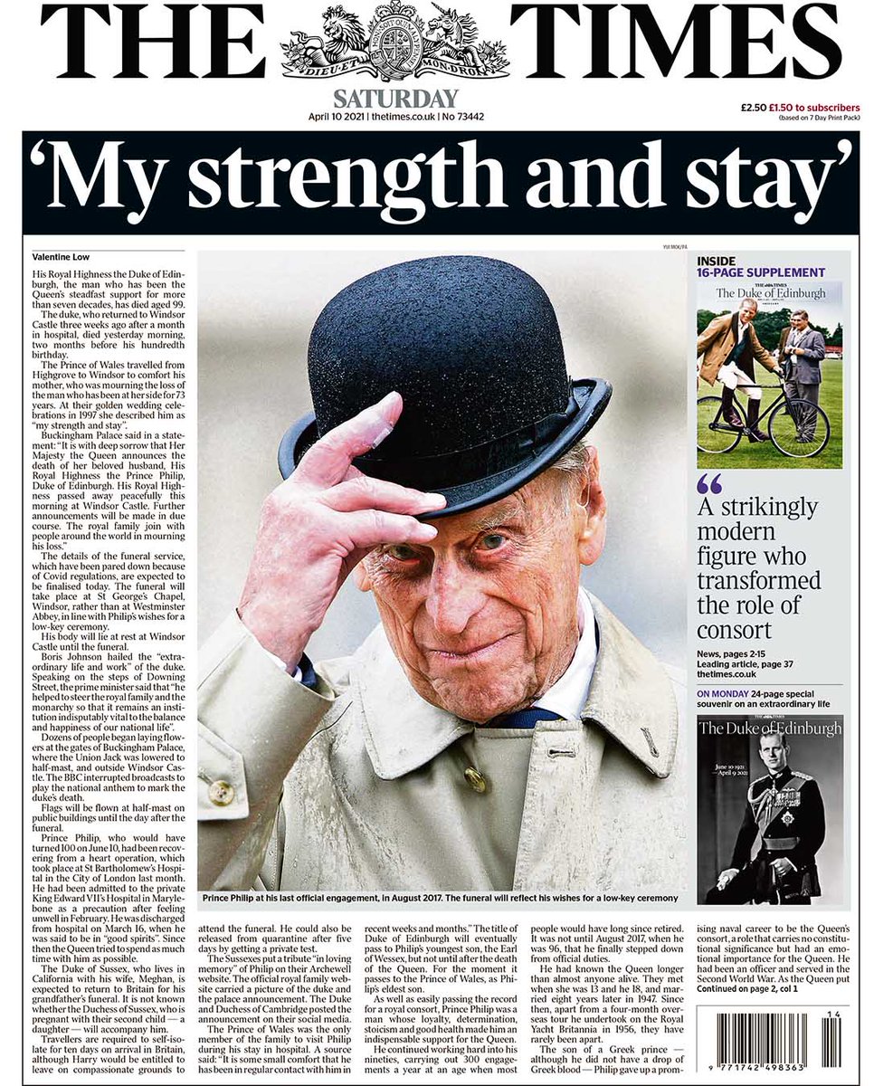 The front page of the UK newspaper The Times the day after the death of Prince Philip.